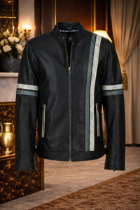 reflective leather motorcycle jacket featuring sleek black design and stylish reflective stripes.
