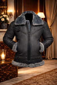 Men's Grey Shearling Leather Aviator Jacket featuring a thick shearling lining and stylish design.