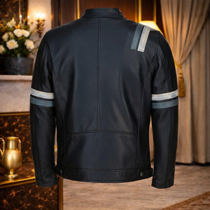 Back view of reflective leather motorcycle jacket, showcasing its sleek design and reflective stripes.