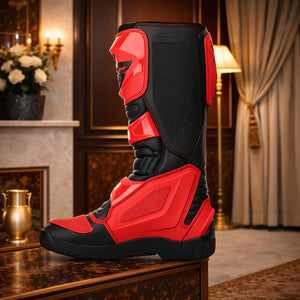 Crimson Vortex Pro Riding Boots displayed in a stylish interior setting with a red-and-black design.